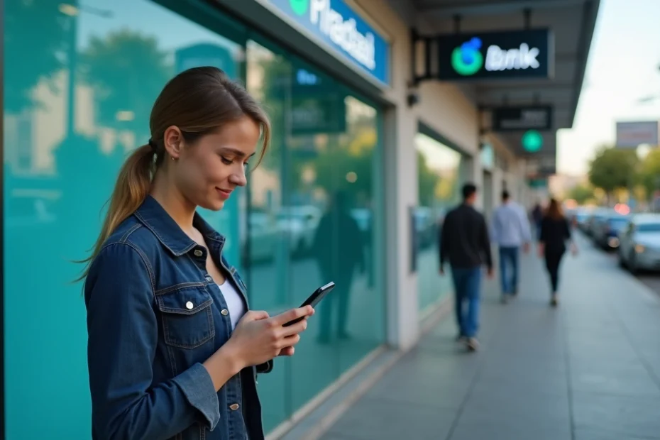 Pessoa olhando horário de funcionamento do banco no smartphone em frente a agência bancária