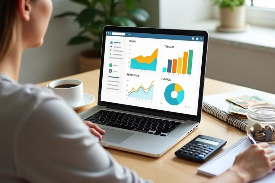 Pessoa analisando investimentos em notebook com gráficos e dinheiro na mesa